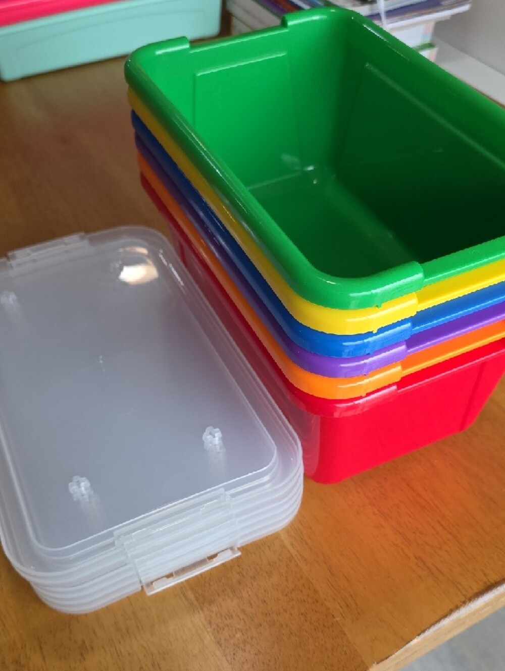 Colorful Plastic Storage Bin Set - Green, Purple, Blue, Red, Orange, Yellow